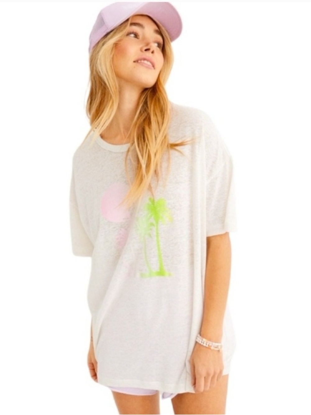 🤍Aerie White Neon Pink Green Palm Tree Beach Slub Knit Short Sleeve Tee